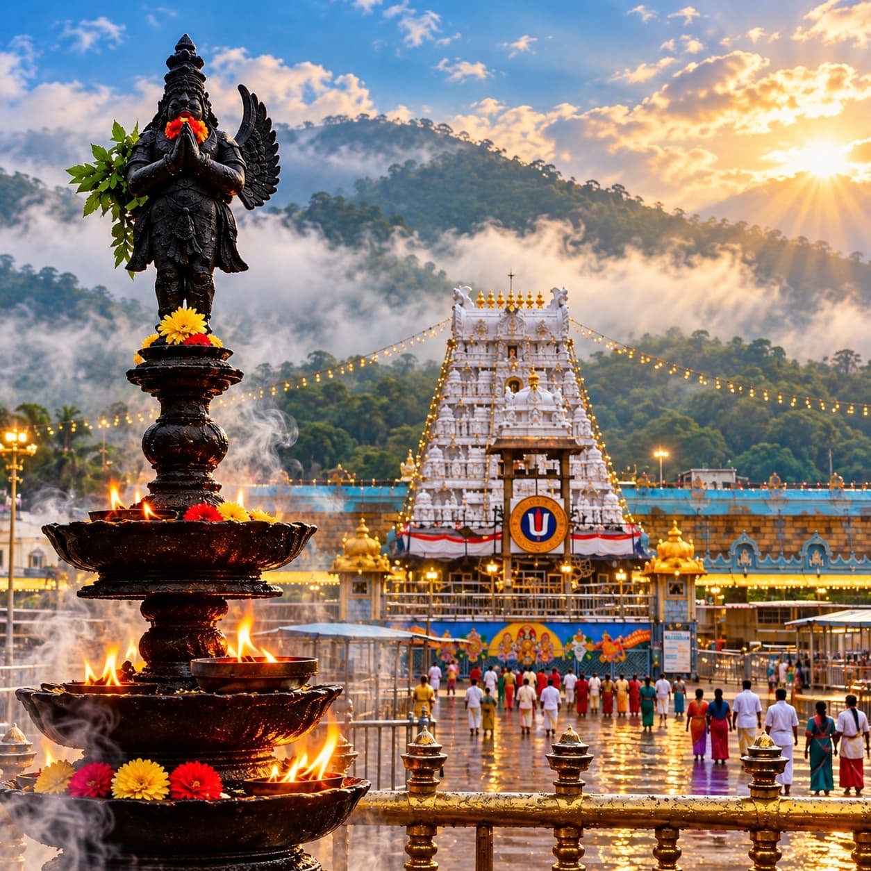 Tirumala temple gopuram illuminated at sunset with green hills and pilgrims visiting the sacred temple