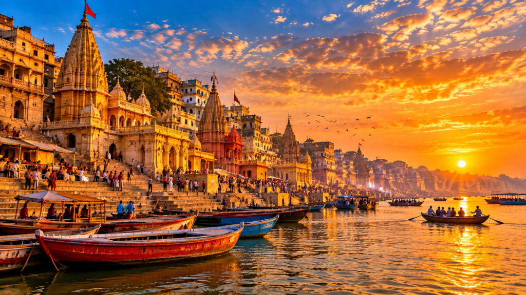 Sunrise over the River Ganga and historic ghats in Varanasi