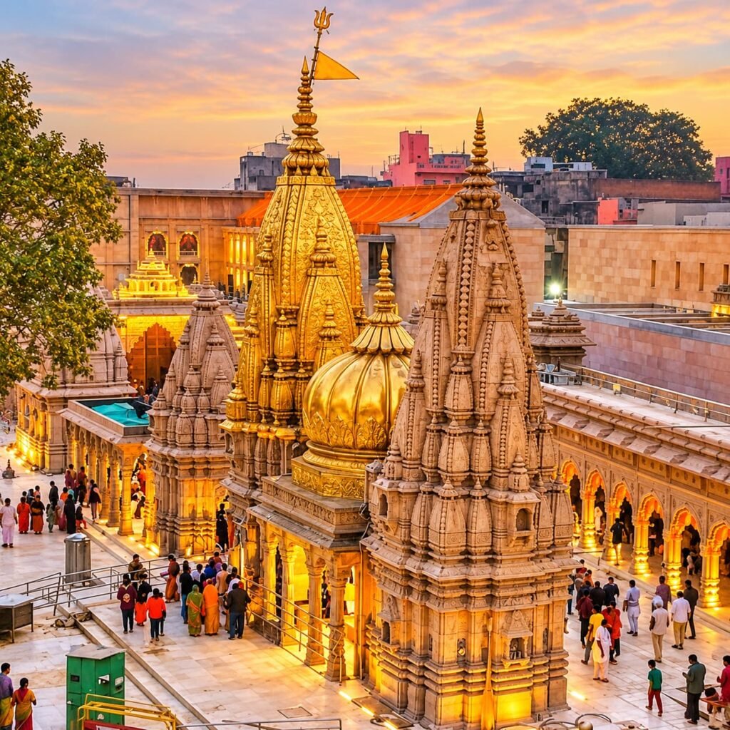 Kashi Vishwanath Temple in Varanasi with golden temple towers and devotees