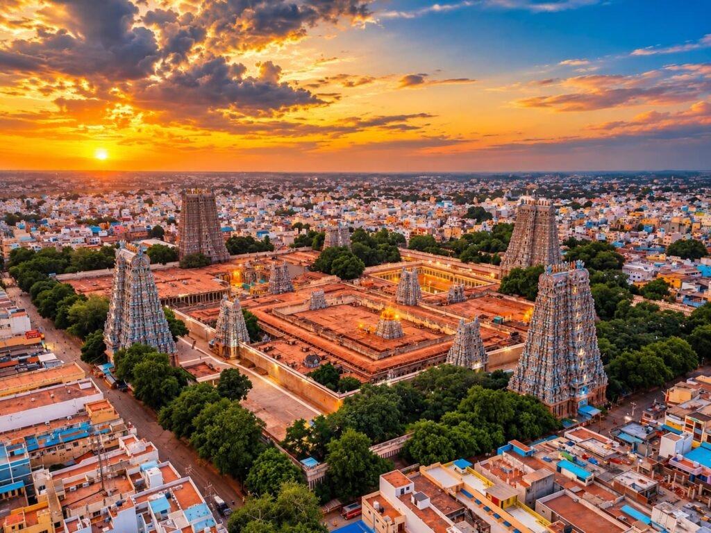 Aerial view of Meenakshi Amman Temple in Madurai surrounded by the city at sunset