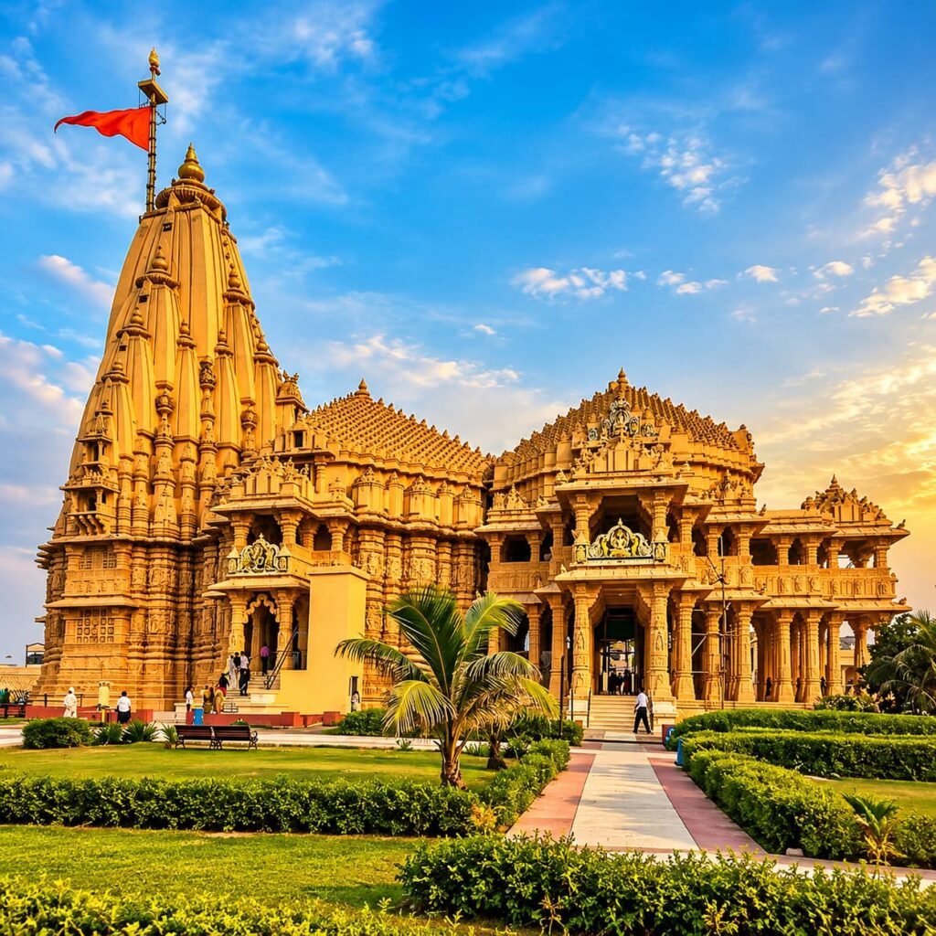 Somnath Temple in Gujarat with golden sandstone architecture and saffron flag
