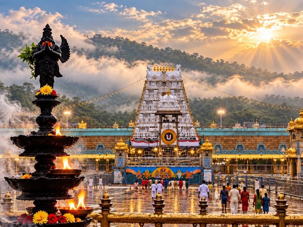 Tirumala Venkateswara Temple surrounded by green hills at sunrise