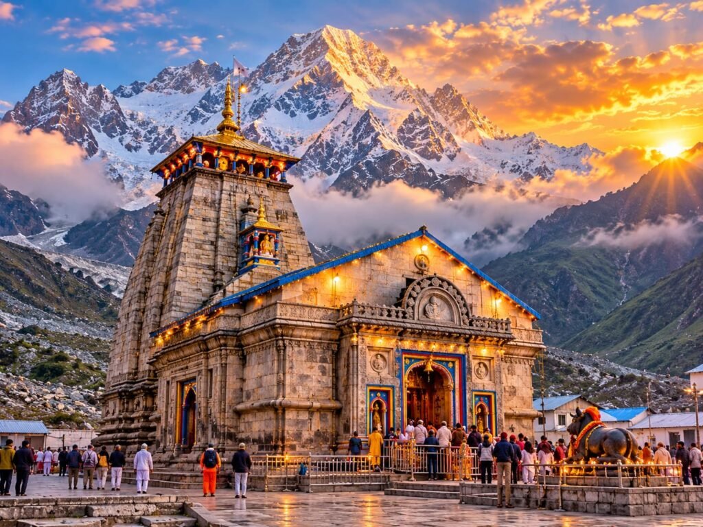 Kedarnath Temple surrounded by snow-covered Himalayan mountains at sunrise